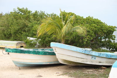 Boats moored on beach against sky