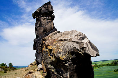 Low angle view of rock formations against cloudy sky during sunny day