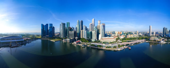 Panoramic view of river amidst buildings in city against sky