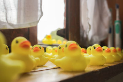 Close-up of rubber ducks on table