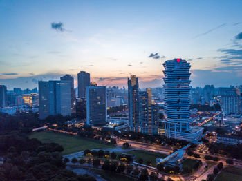 High angle view of city at sunset
