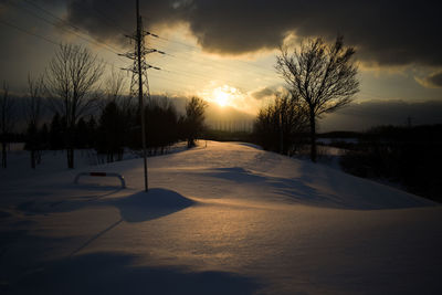 Trees on snow covered field against sky during sunset