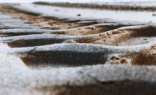 Tire tracks on the sand , low angle view , selective focus ,beautiful color contrast