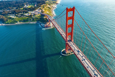 High angle view of suspension bridge over sea