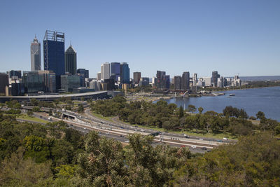 Panoramic view of city buildings against clear sky