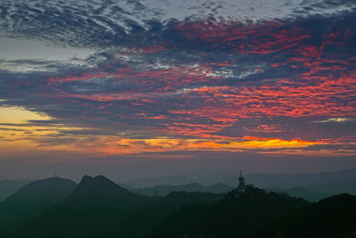 Scenic view of silhouette mountain against sky during sunset