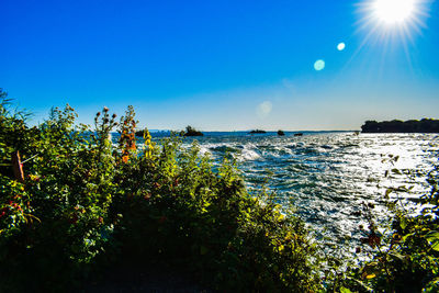 Scenic view of sea against clear blue sky