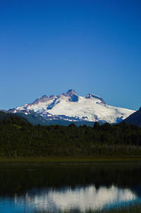 Scenic view of lake and mountains against clear blue sky