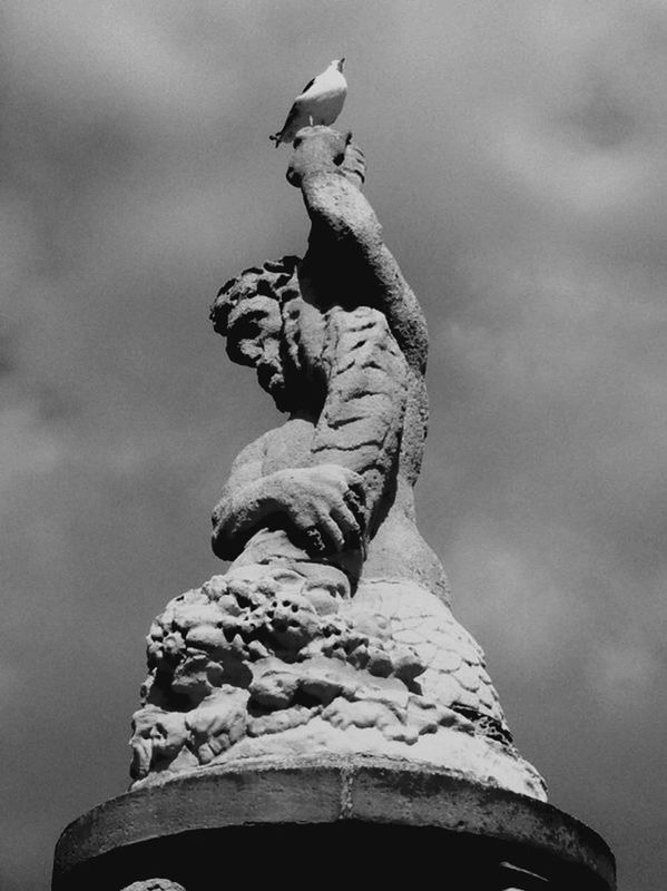 low angle view, sky, cloudy, cloud - sky, animal themes, bird, animals in the wild, full length, statue, sculpture, wildlife, human representation, day, art and craft, outdoors, focus on foreground, art, overcast, cloud