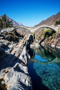 Scenic view of snowcapped mountains against clear blue sky