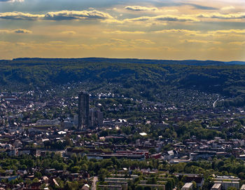 High angle view of city at sunset