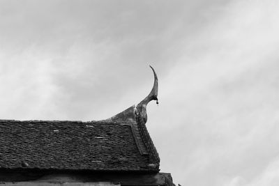 Low angle view of giraffe on roof against sky