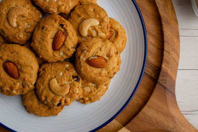 High angle view of cookies in plate on table