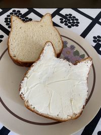 High angle view of cake in plate on table