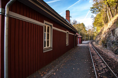 Railroad tracks amidst buildings against sky