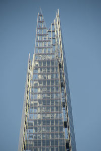 Low angle view of modern building against clear blue sky