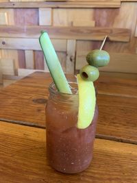 Close-up of drink in jar on table