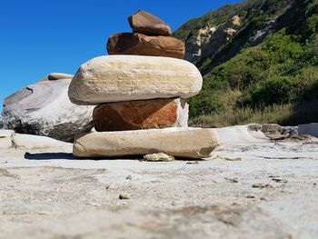 Rocks on shore against clear sky