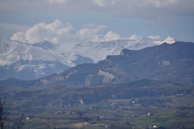 Aerial view of snowcapped mountains against sky