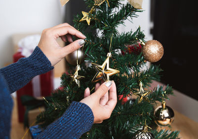 Midsection of woman holding christmas tree at home