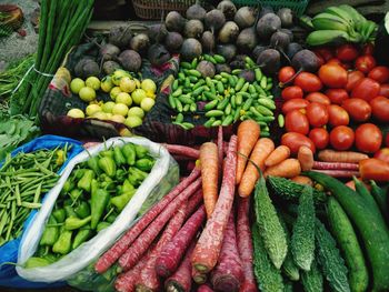 High angle view of vegetables for sale at market stall