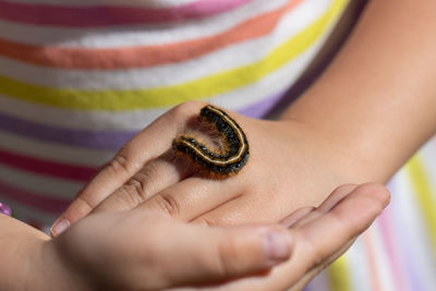 Cropped image of little girl holding caterpillar