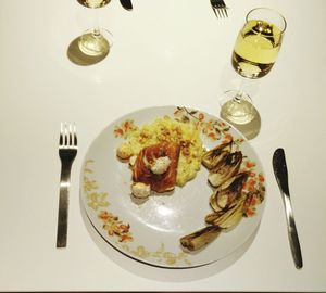 High angle view of food in plate on table