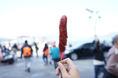 Close-up of hand holding leaf against sky