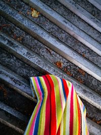 High angle view of multi colored bench on steps