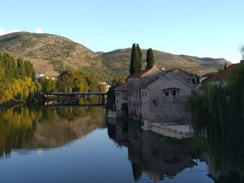 Houses by lake and buildings against clear sky