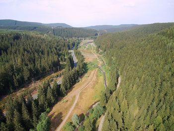 High angle view of land against sky