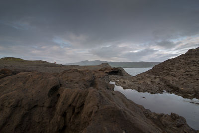 Scenic view of lake with mountains in background