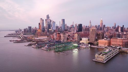 Aerial view of buildings against sky in new york city