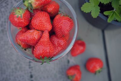 High angle view of strawberries in bowl