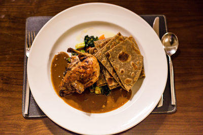 High angle view of food in plate on table