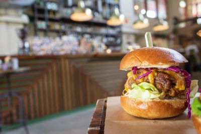 Burgers on table at cafe