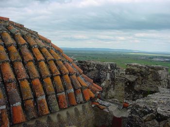 High angle view of old building against sky