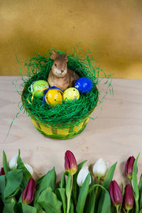 High angle view of easter eggs and bunny in basket on table