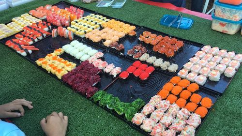 High angle view of multi colored candies on tray