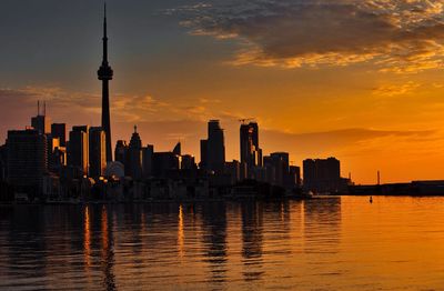 Buildings in city at sunset