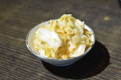 High angle view of ice cream in bowl on table