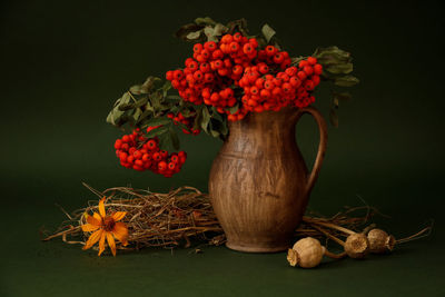 Close-up of red flower vase against black background