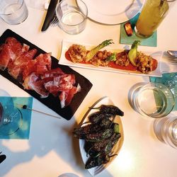 High angle view of food served on table