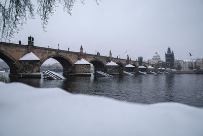 Prague in the snowfall. view of the charles bridge and the vltava river on a winter day. czechia