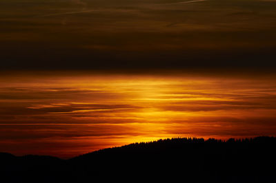Scenic view of silhouette trees against orange sky