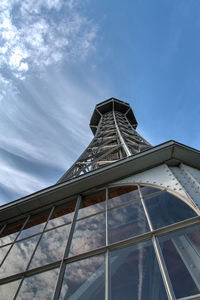 Low angle view of petrin lookout tower against sky