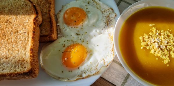 High angle view of breakfast served on table