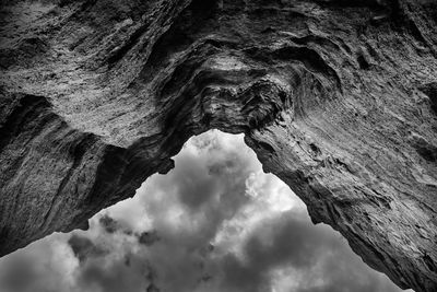 Low angle view of rock formation against cloudy sky