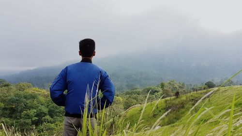 Rear view of man looking at mountain against sky