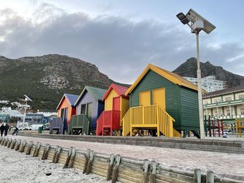 Houses by sea against sky